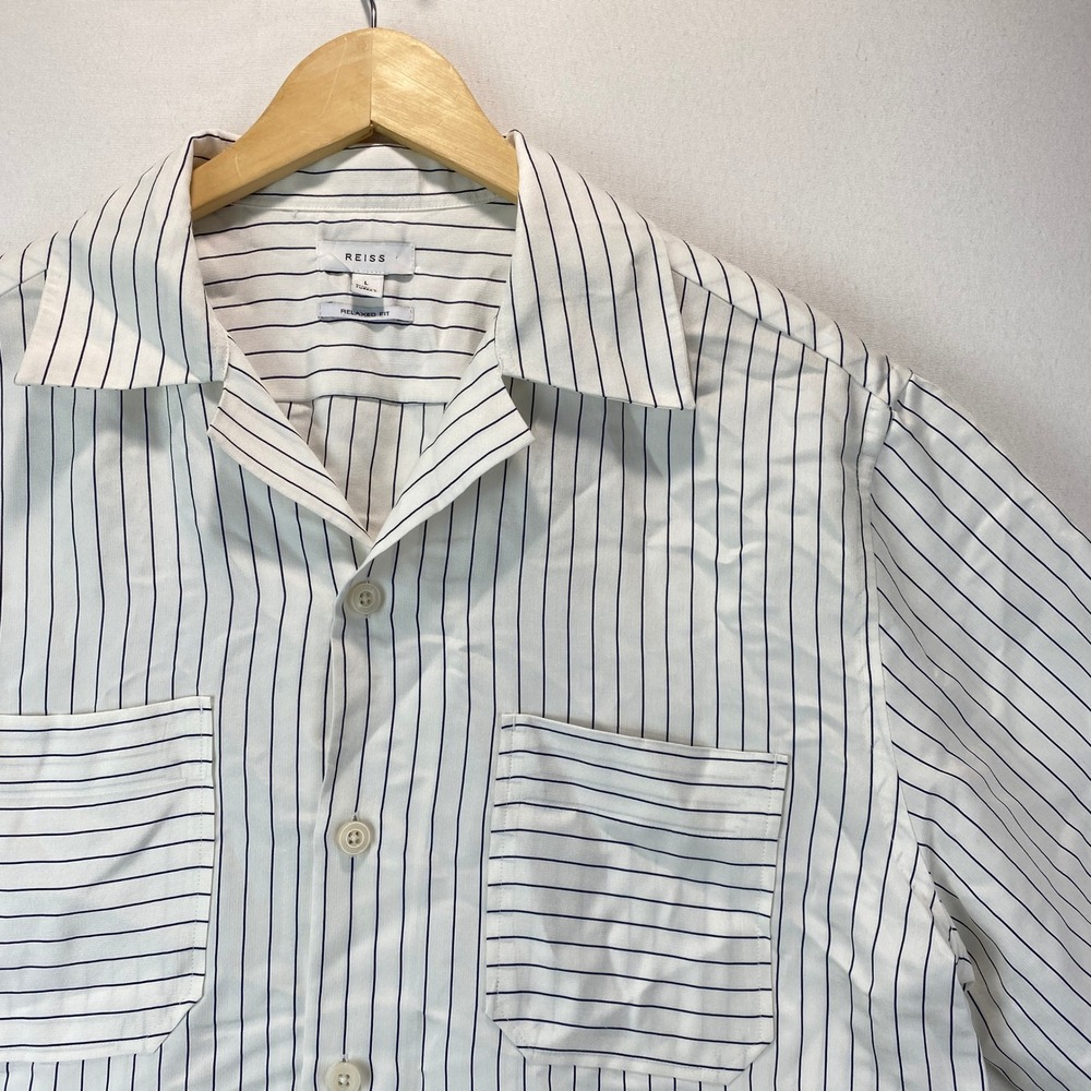 Reiss Relaxed Fit Mens Large White Navy Blue Striped Short Sleeve Camp Shirt